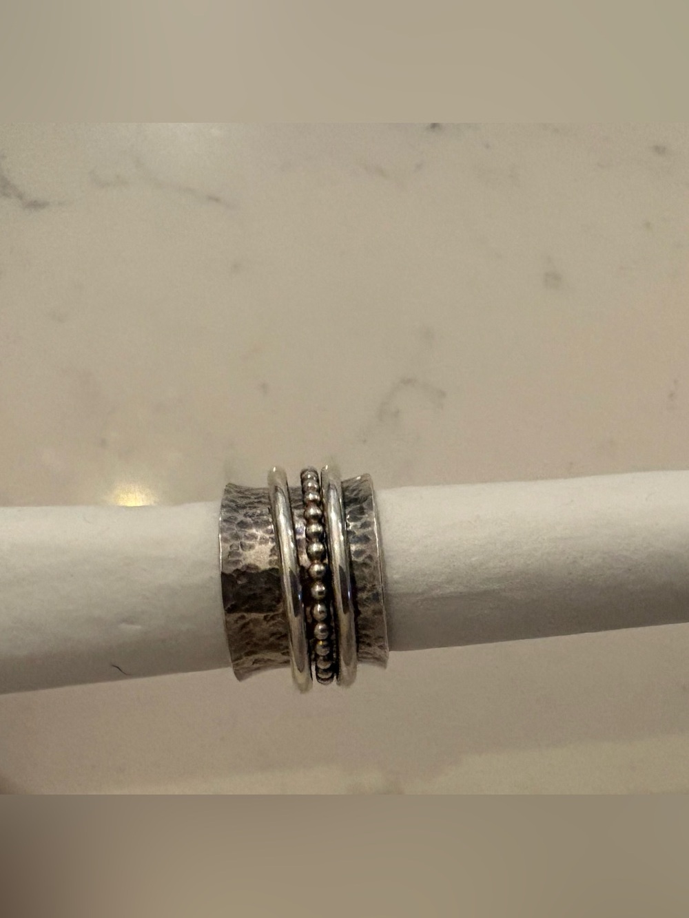 Artisan made Silver Multi-Band Spinner Ring - Hammered & Beaded Design
